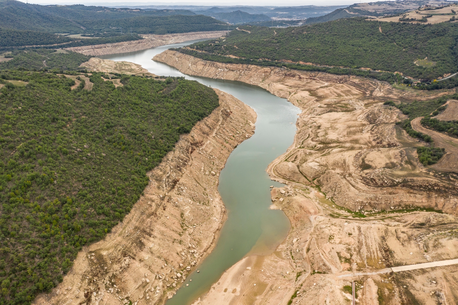 Turisme La Noguera (Aerial View Of The Almost Dry Rialb Reservoir During The 2022 Drought La Noguera Lleida Catalonia Spain_020)